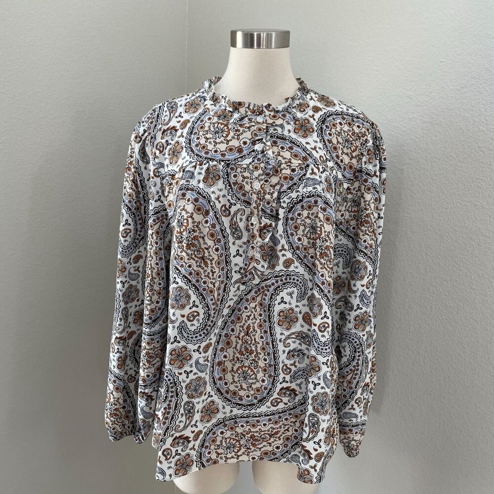 Loft Outlet Womens XL Paisley Long Sleeve Blouse Ruffle Neck Shirt Top